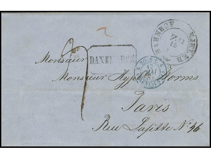 1854, "DANEMARCK", Ra. vorderseitig auf kpl. Brief mit Aufgabestempel "KIELER BAHNHOF ZII 15 5" (1854) über Hamburg nach Pari