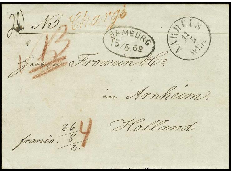 1862, kpl. Einschreibebrief von "AARHUUS 14/5" nach Arnheim in Holland, vorderseitig Ovalstempel des Stadtpostamtes und rücks