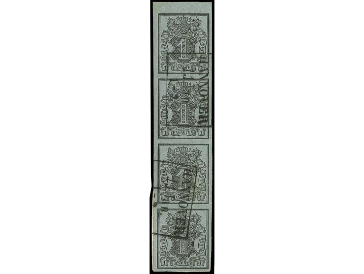 1850, 1 Ggr. auf blaugrau im senkrechten 4er-Streifen, voll- bis meist breitrandig vom oberen Bogenrand stammend mit 2mal sau