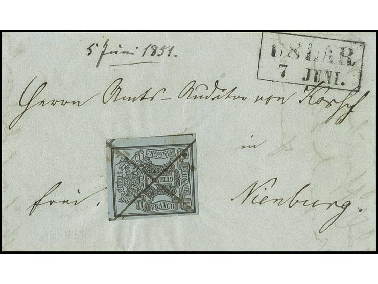 1 Ggr. auf graublau, voll- bis überrandig mit rechts kleinem Teil der Nachbarmarke, mit Federkreuz-Vorausentwertung auf große