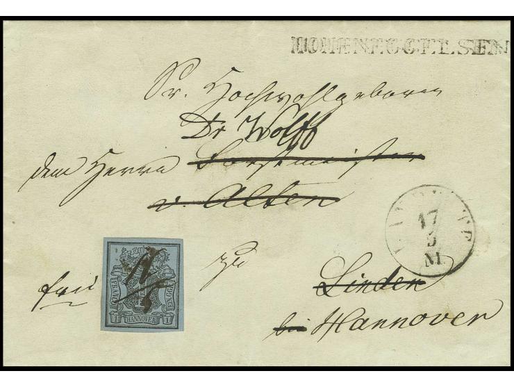1 Ggr. auf blaugrau, farbfrisch und breitrandig mit handschriftlicher Datumsentwertung und beigesetztem schwarzem L1 "HOHENEG