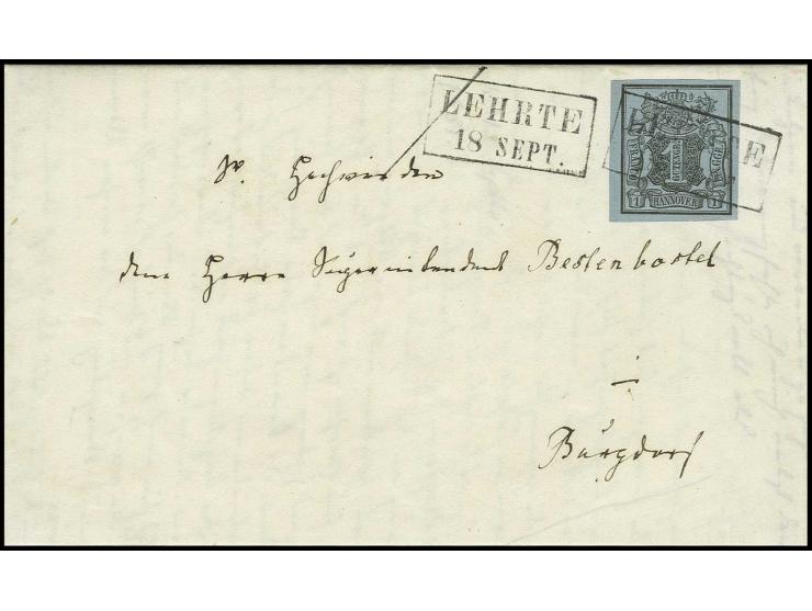 1 Ggr. auf graublau, farbtief und allseits breitrandig mit schwarzem Ra2 "LEHRTE/18 SEPT." (1851) auf weißem Faltbrief nach B