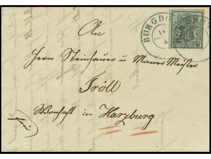 1 Ggr. auf graugrün mit zwei Abschlägen des blauen DKr. "BURGDORF 14/4" (1856) auf Faltbrief ins Postvereinsgebiet nach Harzb