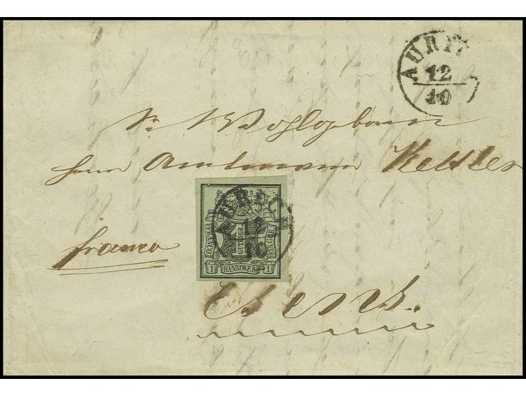 1 Ggr. auf graugrün, breitrandig mit schwarzem Fingerhutstempel "AURICH 12/10" (1851) auf Faltbrief nach Esens mit rotem Ra2 