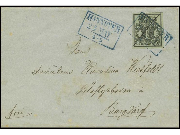 1 Ggr. auf graugrün, voll- bis breitrandig mit diagonalem Federzug und blauem Ra3 "HANNOVER", nochmals beigesetzt auf Falthül
