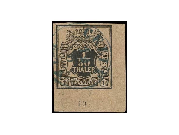 1851, 1/30 Th. auf lachsfarben, 9 Unterrandstücke mit den Rand-Nrn. "1-8" und "10", dabei Paar, meist voll- bis breitrandig, 
