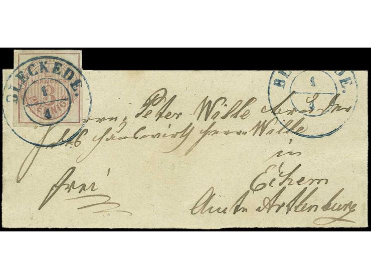 3 Pfg. mattlilarosa, allseits breitrandig mit DKr. "BLECKEDE 1/4" auf kleinem Streifband, Marke zu ca. 1/3 über den Rand gekl