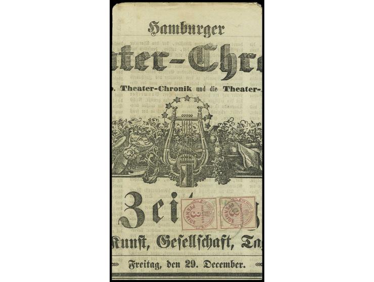 3 Pfg. dunkellilarosa im senkrechten Paar, oben und unten schmal-, sonst voll- bis breitrandig mit DKr. "HARBURG 3/1" (1855) 