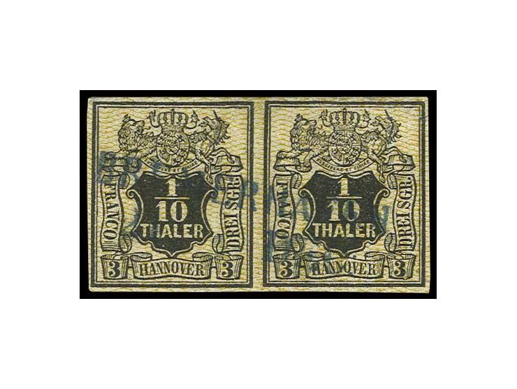 1855, 1/10 Th. schwarz mit orangegelbem Netzwerk, waagerechtes Paar allseits vollrandig mit klarem L2 "BREMERHAFEN", Pracht, 