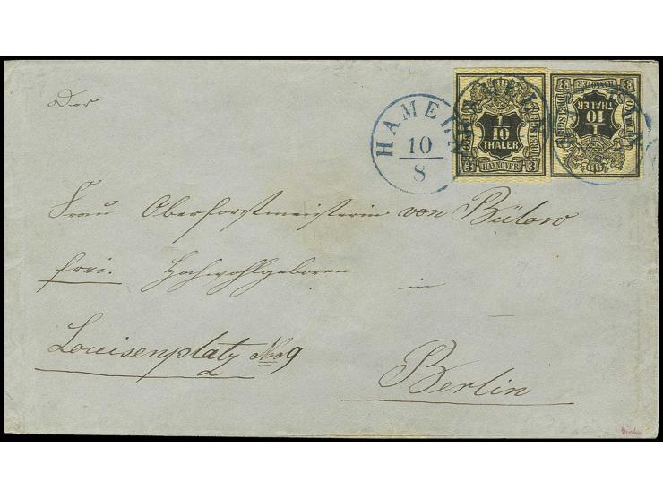 1/10 Th. schwarz, gelb genetzt, zwei voll- bis breitrandige Werte mit jeweils EKr. "HAMELN" auf Umschlag nach Berlin, Pracht,