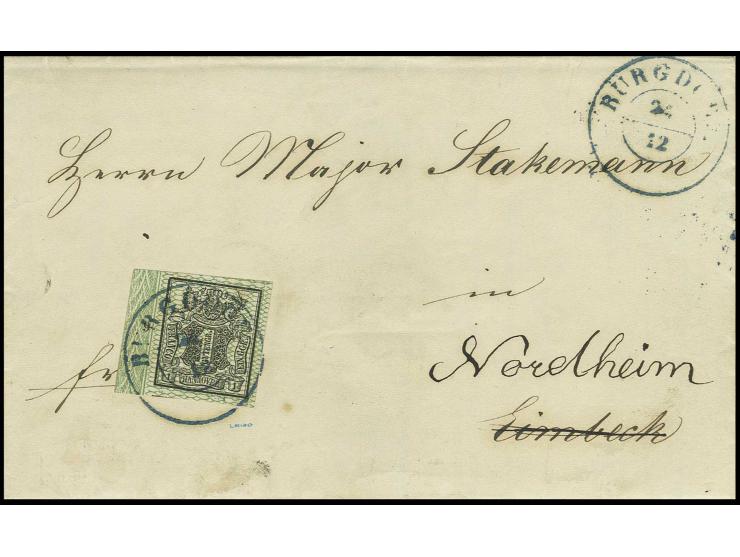 1 Ggr. schwarz, farbfrisches und allseits breitrandiges linkes Bordüren-Randstück mit Rand-Nr. "9", entwertet mit DKr. "BURGD