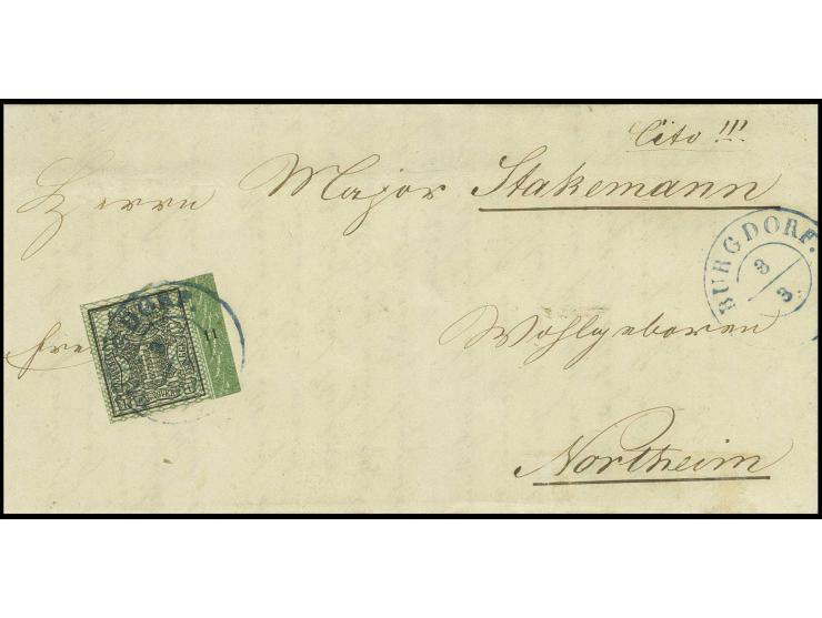 1 Ggr. schwarz, rechtes Bordüren-Randstück mit Rand-Nr. "11" und DKr. "BURGDORF 3/3" (1857) auf Faltbrief nach Nordheim mit A