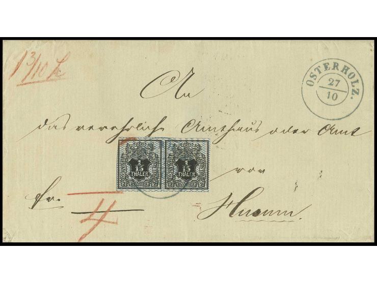 1/15 Th. schwarz im waagerechten Paar mit blauem DKr. "OSTERHOLZ 27/10" auf Briefhülle mit roter Taxierung "4" via Hamburg na