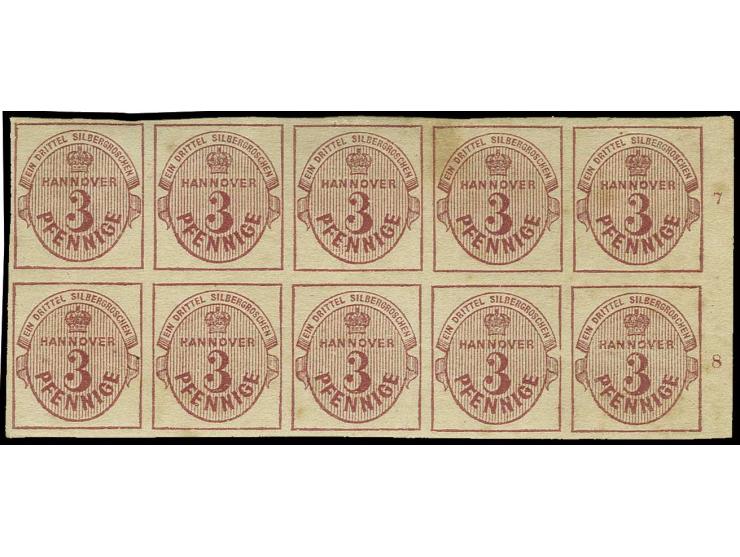 1859, 3 Pfg. rosa im waagerechten 10er-Block vom rechten Bogenrand mit Reihenzählern "7" und "8", ungebraucht mit Originalgum