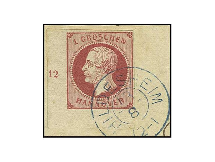 1 Gr. rosa, linke untere Bogenecke mit Rand-Nr. "12" und DKr. "HILDESHEIM" auf Briefstück, Kabinett