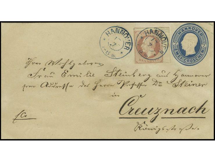 1 Gr. rosa, rechtes Randstück mit Rand-Nr. "10" als Zusatz auf Ganzsachenumschlag 2 Gr. preußischblau mit DKr. "HANNOVER" nac
