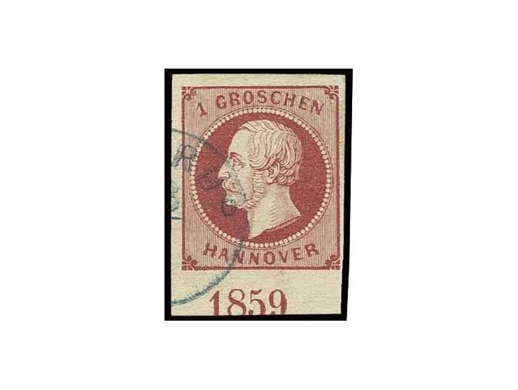 1 Gr. karminrot, zwei gut gerandete Unterrandstück mit jeweils Jahreszahl "1859", gestempelt, Pracht