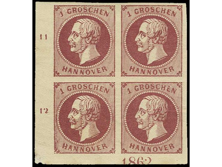 1 G. lilarot im 4er-Block aus der linken unteren Bogenecke mit Reihenzählern "11" und "12" sowie Jahreszahl "1862", ungebrauc