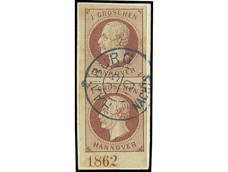 1 Gr. lilarot im voll- bis breitrandigen senkrechten Unterrandpaar mit Jahreszahl "1862" und DKr. "HAMBURG NACHTS" auf Briefs
