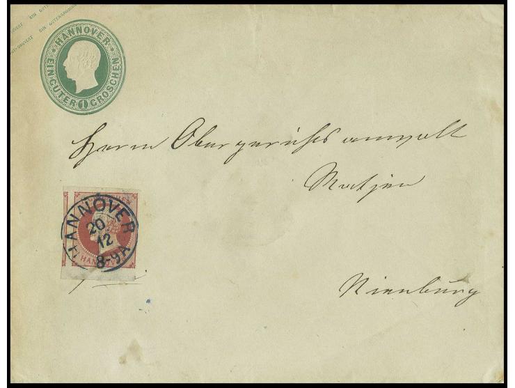 1857, Umschlag 1 Ggr. grün im Großformat mit Zusatzfrankatur 1 Gr. rosa, voll- bis überrandiges Unterrandstück mit zentrische