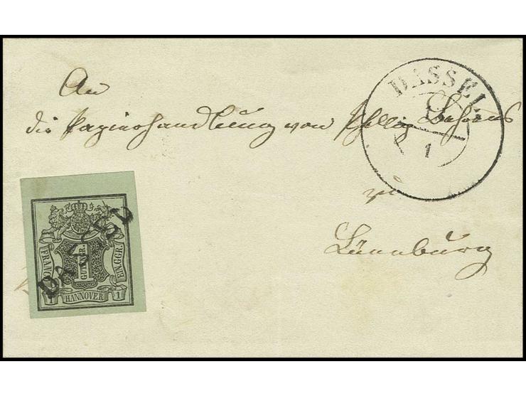 "DASSEL", schwarzer L1, vollständiger Abschlag auf 1 Ggr. auf graugrün, breitrandiges Oberrandstück, mit beigesetztem DKr. au