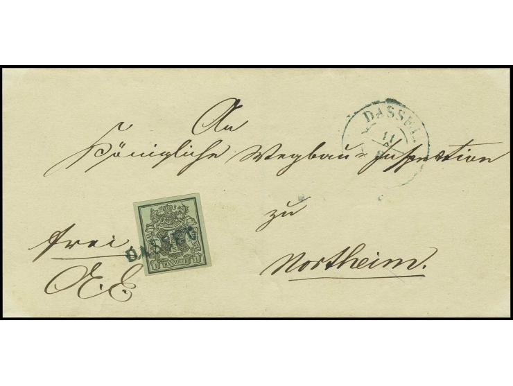 "DASSEL", blauer L1 auf farbfrischer und breitrandiger 1 Ggr. auf graugrün mit beigesetztem DKr. auf Falthülle nach Northeim,