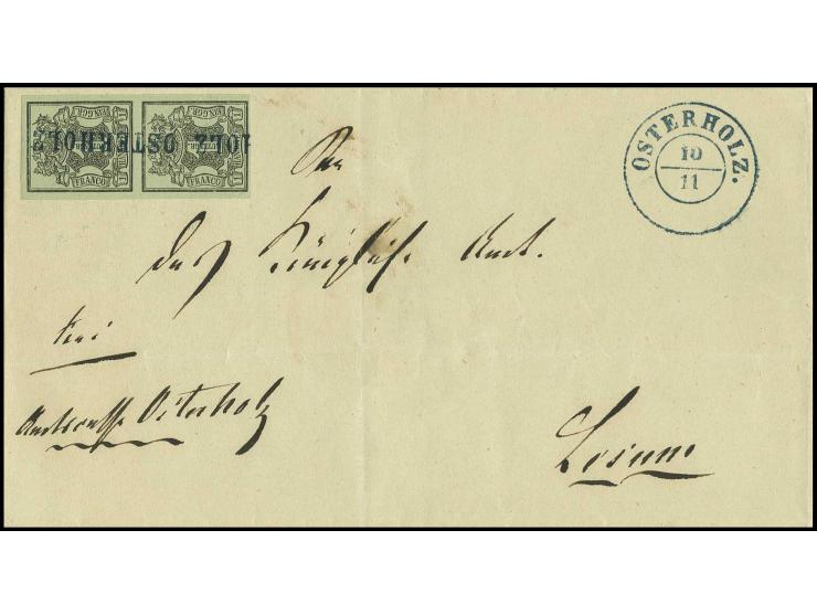 "OSTERHOLZ", L1 als Vorausentwertung auf senkrechtem Paar 1 Ggr. auf graugrün mit beigesetztem DKr. auf Falthülle der 2. Gewi