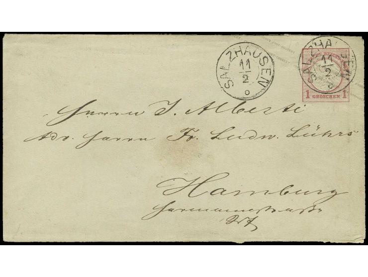 NACHVERWENDETE STEMPEL: "SALZHAUSEN 11/2", klarer DKr. auf Ganzsachenumschlag 1 Gr. rosa nach Hamburg, im Feuser-Handbuch 2. 