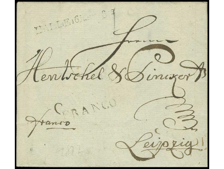 1812, "HALLE", L1 mit französischem Datum auf 2 Briefen einer Korrespondenz nach Leipzig, beide mit nebengesetztem "FRANCO", 