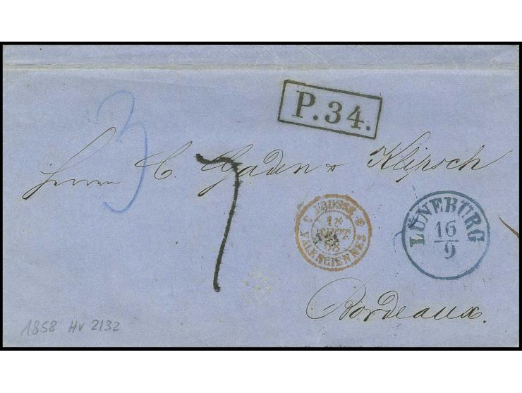 1858/59, "P.34", Verrechnungsstempel von Aachen (VdL 2090) auf 3 Briefen nach Frankreich mit Taxstempeln "6", "7" und "8"