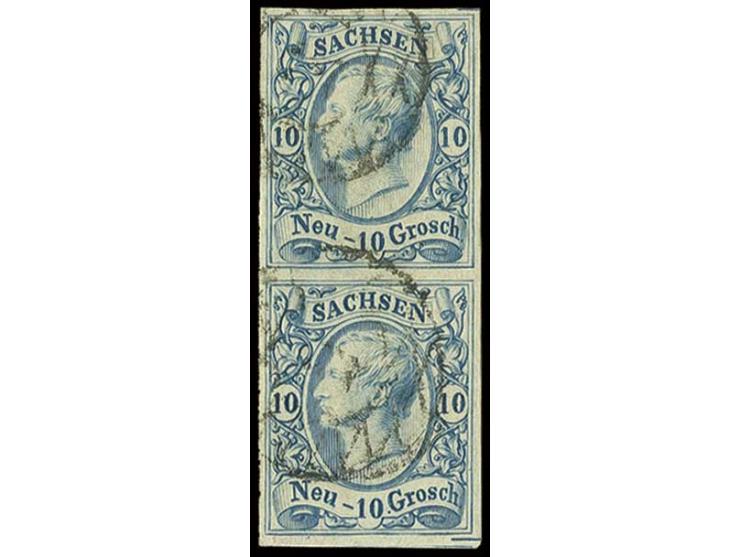 10 Ngr. cyanblau im senkrechten Paar, allseits gut gerandet, sauber gestempelt, obere Marke minimal hell und untere kleinen E