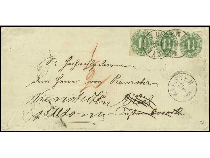 1 1/4 Sch. grün im waagerechten 3er-Streifen, gut durchstochen und farbfrisch mit EKr. "WILSTER 12 7" (mit Posthorn) auf Brie