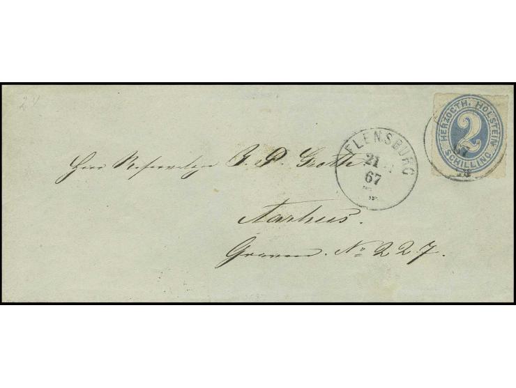 1865, 2 Sch. grauultramarin, farbfrisch und gut durchstochen mit EKr. "FLENSBURG 21 11 67" auf kleinem Brief ins dänische Aar