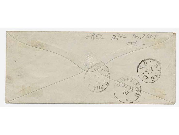 1865, 2 Sch. grauultramarin, farbfrisch und gut durchstochen mit EKr. "FLENSBURG 21 11 67" auf kleinem Brief ins dänische Aar