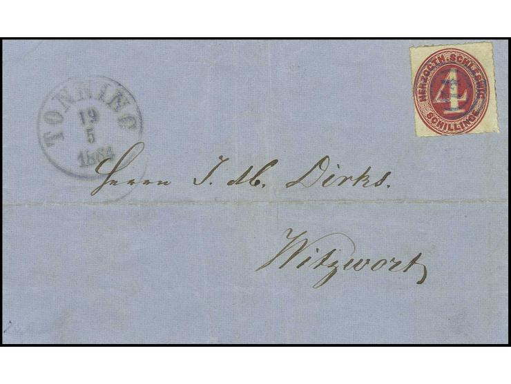 "74" in blau sauber auf 1864, 4 Sch. karminrot auf Faltbrief mit sauber nebengesetztem EKr. "TONNING 19 5 1864" nach Witzwort