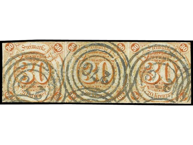 30 Kr. orange im waagerechten Dreierstreifen mit Nr. "270", dreiseitig vollrandig oben teils ein wenig tangiert, eine seltene