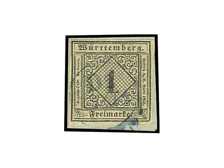 1851, 1 Kr. auf hellsämisch, voll- bis breitrandig mit blauem Distributionsstempel "D2 8/11" von Ludwigsburg auf Briefstück, 
