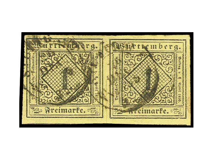 1 Kr. auf altelfenbein im breitrandigen waagerechten Paar, zwischen den Marken ca. bis zur Hälfte Vortrennschnitt, gestempelt