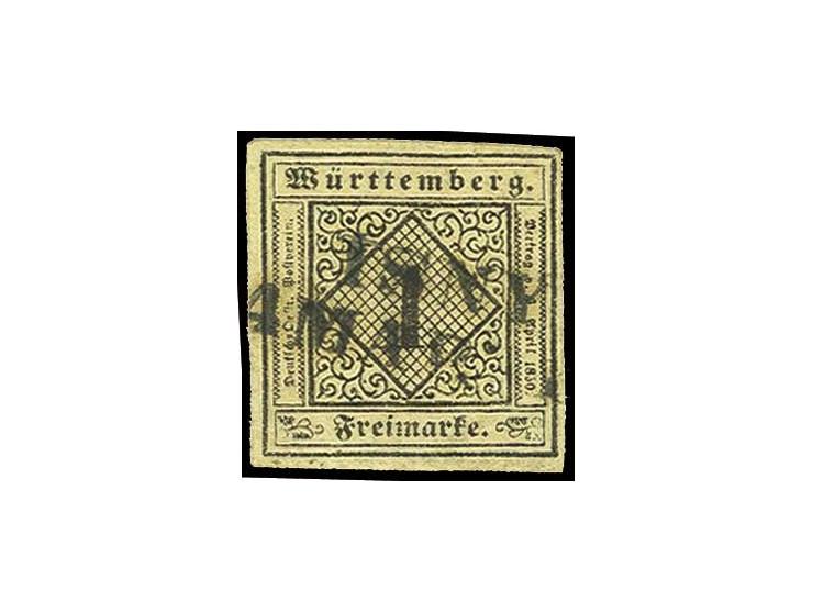 3 Kr. auf gelb, Type I, mit zentrisch klarem blauen Siebstempel von Backnang, die Marke farbfrisch und allseits voll- bis bre