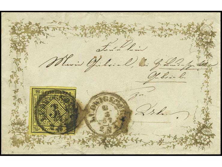 3 Kr. auf hellgelb, Type V, rechts leicht berührt, sonst breitrandig und farbfrisch mit Kr. "LUDWIGSBURG 8 3 57" auf vorder- 