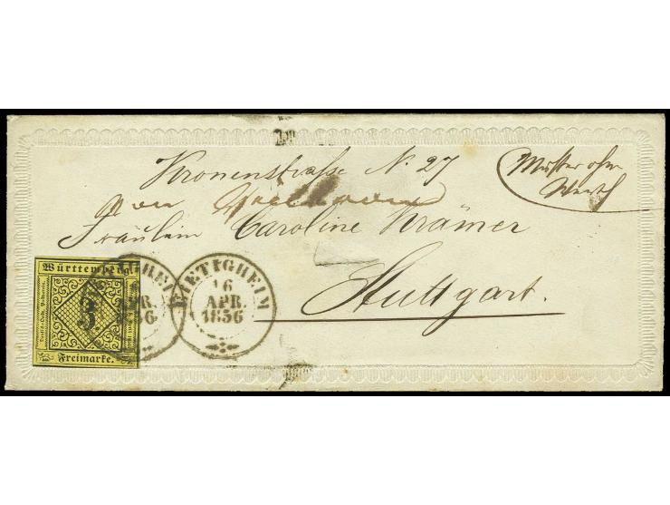 3 Kr. auf gelb, 3seitig berührt mit DKr. 'BIETIGHEIM  16 APR. 1856' auf Präge-Zierbrief (im Anschriftenbereich kleine Schürfs