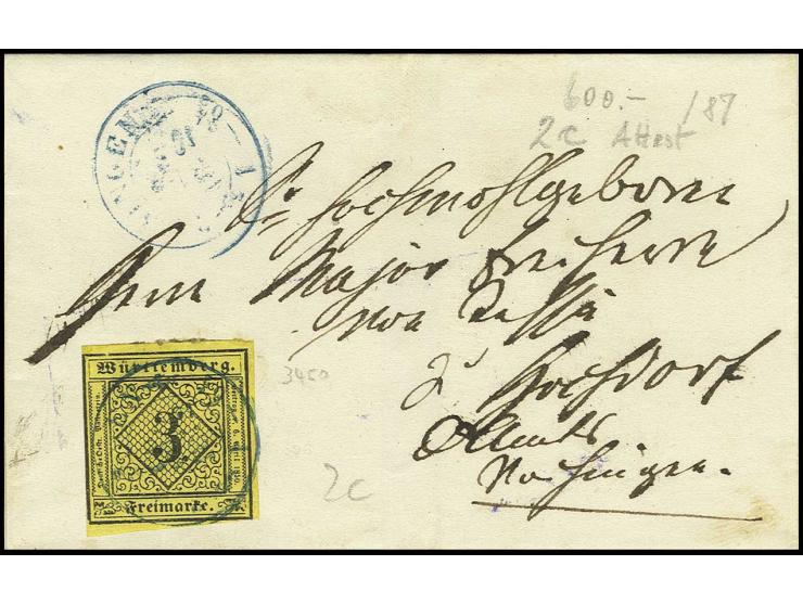 3 Kr. auf rötlichgelb, Type II, teils leicht berührt mit DKr. "TÜBINGEN 16 AUG 1852" auf Falthülle nach Hochdorf mit rückseit