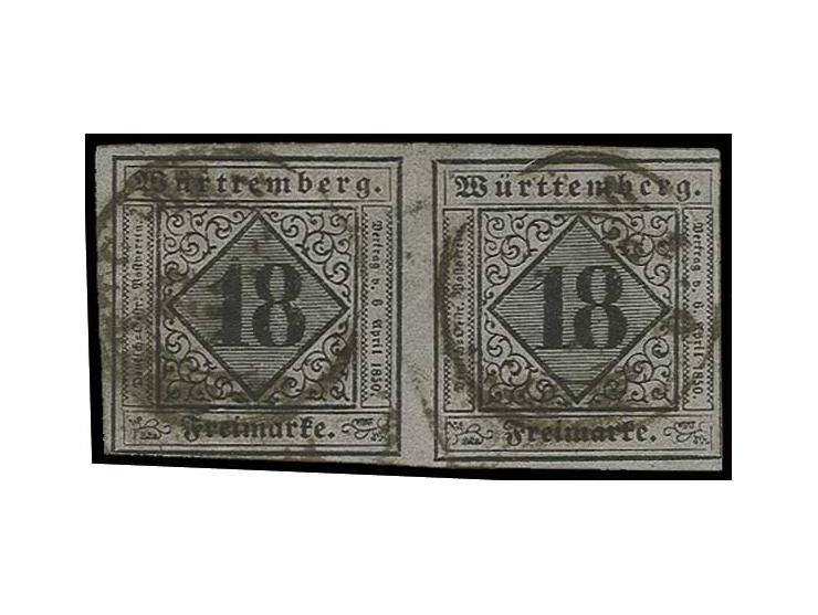 18 Kr. auf blauviolett im waagerechten Paar der Type II und I, die rechte Marke in der Randlinie geschnitten, sonst voll- bis