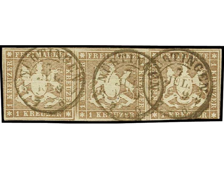 1857, Papier mit Seidenfaden, 1 Kr. braun im waagerechten 3er-Streifen, für diese Ausgabe ganz hervorragend gerandet, nur rec