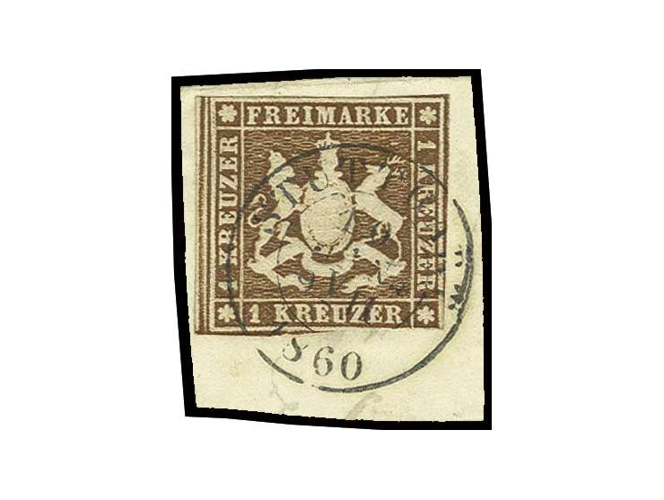 1 Kr. tiefdunkelbraun, ausgabetypisch geschnitten mit DKr. "STUTTGART 10.JAN.1860" auf Briefstück, Pracht, Fotobefund Irtenka