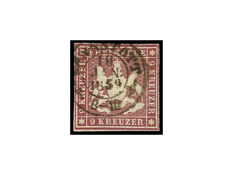 9 Kr. dunkelkarmin, farbtief und vollrandig vom Oberrand mit DKr. "CANNSTATT 18 JAN. 1859", Kabinett, sign. HK und doppelt Th