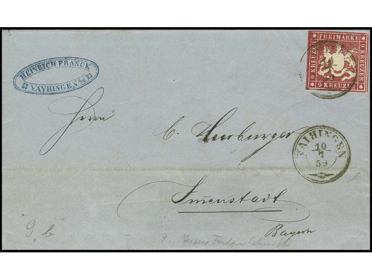 9 Kr. dunkelkarmin, farbtief und für die schwierige Ausgabe noch gut gerandet mit Kr. "VAIHINGEN 10/7 59" auf Faltbrief mit d