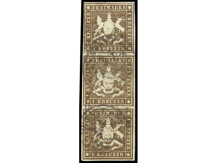 1859, Papier ohne Seidenfaden: 1 Kr. braun im gut gerandeten senkrechten 3er-Streifen, zwischen den Marken jeweils waagerecht