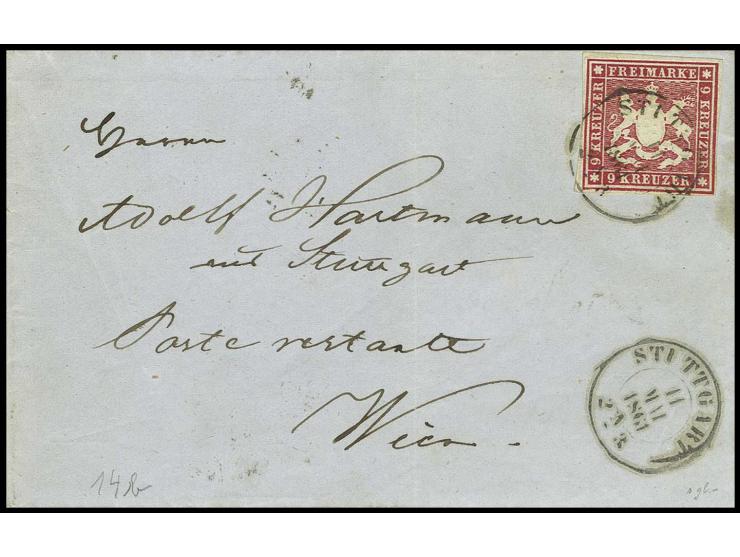 9 Kr. dunkelkarmin, gut gerandet und farbfrisch mit DKr. "STUTTGART 11 MAI 1861" auf Falthülle nach Wien mit Ankunftsstempel,