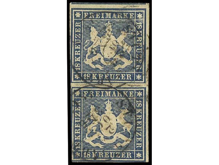 18 Kr. blau im links teils berührten senkrechten Paar mit oben Teil der Nachbarmarke, rechts oben leichter Eckbug außerhalb d